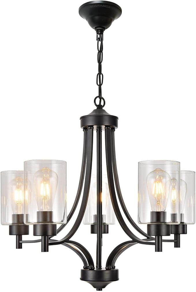 Contemporary Black Chandelier 5 Lights Farmhouse Dining Room Lighting Fixtures Hanging Bedroom Chandeliers with Clear Glass Shade Ceiling Pendant Light Black Foyer Light