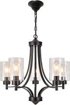 Contemporary Black Chandelier 5 Lights Farmhouse Dining Room Lighting Fixtures Hanging Bedroom Chandeliers with Clear Glass Shade Ceiling Pendant Light Black Foyer Light