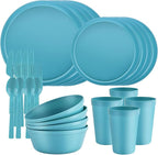 20 Piece Stackable Dinnerware Set for Small Kitchens, Modern Minimalist Plates & Flat Bottom Bowls (Pasta/Salad), Unbreakable & Microwave Safe, Blue