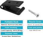 heneng 10 Pcs 2" x 2" Aluminium Alloy Slight Foldable Hook, Black Solid Hooks, Max Load 44lbs, 1/8" Thick