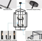 Black Farmhouse Modern Chandelier, 8-Light Tiered High Ceiling Chandeliers, Foyer Lighting Fixtures, Industrial Hanging Metal Lantern Pendant Light, for Livin Room,Entryway,Staircase,Hallway