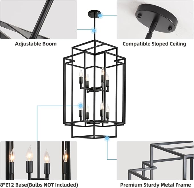 Black Farmhouse Modern Chandelier, 8-Light Tiered High Ceiling Chandeliers, Foyer Lighting Fixtures, Industrial Hanging Metal Lantern Pendant Light, for Livin Room,Entryway,Staircase,Hallway