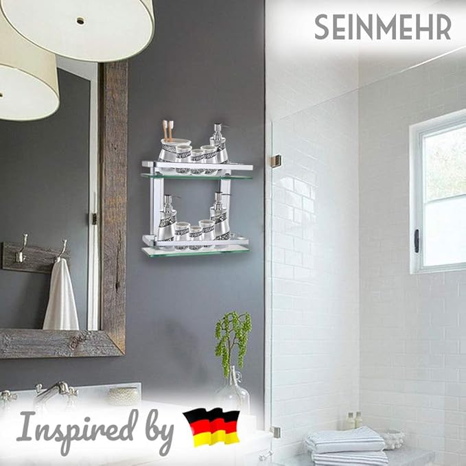 2-Tier Bathroom Glass Shelves, Wall Mounted Tempered Glass Shelf Organizer Storage Holder with 14 Inch Rectangular Glass (8mm Thick) and Aluminum Rail for Shower Lavatory, Hardware Included