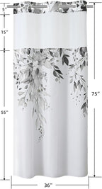 QiyI No Hook Shower Curtain with Snap in Fabric Liner, Grey Eucalyptus Shower Curtain with See Through Top Window, Waterproof Washable Cloth Ringless Shower Curtain Set for Bathroom, 36 x 75