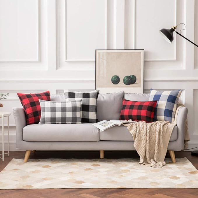 MIULEE Pack of 2 Christmas Classic Farmhouse Buffalo Check Plaids Polyester Linen Soft Solid Black and Red Decorative Porch Throw Pillow Covers Home Decor Cushion Case for Sofa Bedroom 12 x 20 Inch