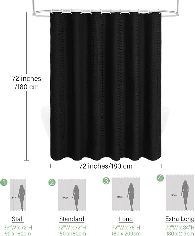 3D Embossed Pattern Shower Curtain, Simple and Chic Pattern Vintage Curtain for Bathroom, Waterproof Fabric Shower Curtains with Hooks, 72 W x 72 H, Black