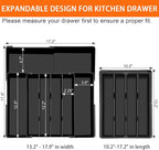 Silverware Organizer - Expandable Kitchen Drawer Organizer BPA-Free Silverware Drawer Organizer, Stackable Cutlery Tray for Forks, Knives, Slim Kitchen Organizers and Storage, Black, Large