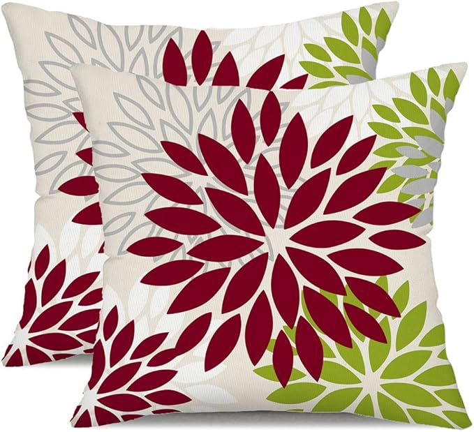 DFXSZ Wine Red Green Flower Pillow Covers 18x18 Inch Set of 2 Outdoor Throw Pillows Outdoor Waterproof Decor for Living Room Sofa Patio Funiture Garden Floral Polyester Pillow Covers 002U18