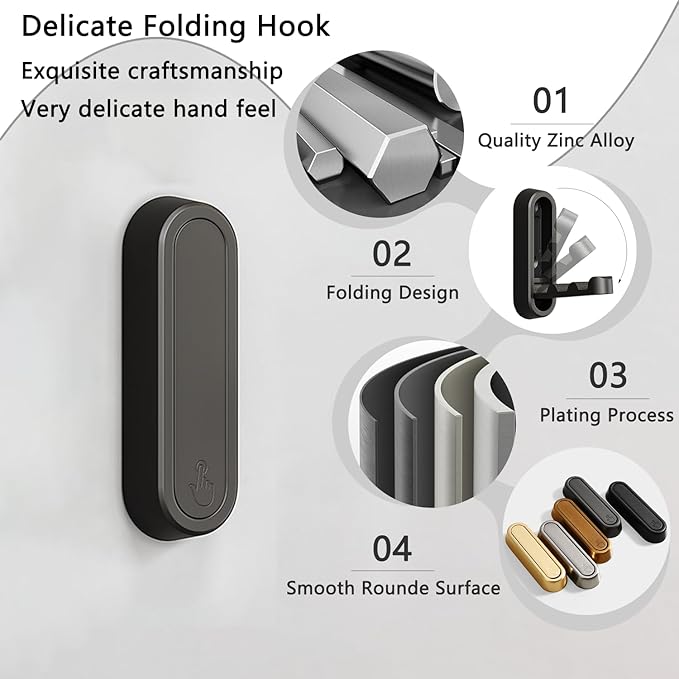 4PCS Folding Coat Hook, Heavy Duty Wall Hooks Made of Zinc Alloy, Foldable Wall Hooks for Hanging Coats, Scarves, Hats, Bathrobes, Keys, Bags (Black)