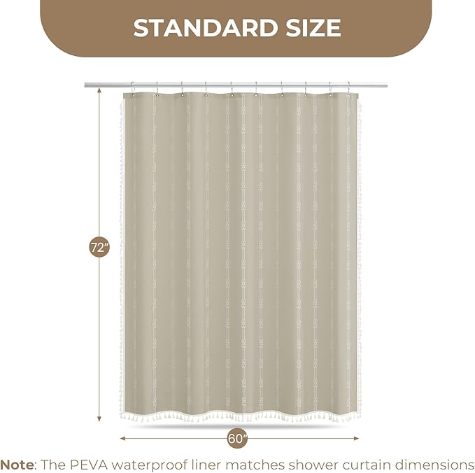 downluxe Linen Texture 3 in 1 Farmhouse Shower Curtain Set with Tassel, Boho Fabric Shower Curtains for Bathroom, Taupe, 60W x 72L