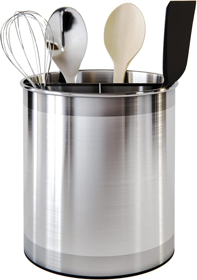 Cooler Kitchen Rotating Extra Large Stainless Steel Utensil Holder Caddy with Sturdy No-Tip Weighted Base, Removable Divider, and Gripped Insert Bottom -Dishwasher Safe Metal Cooking Utensil Holderâ