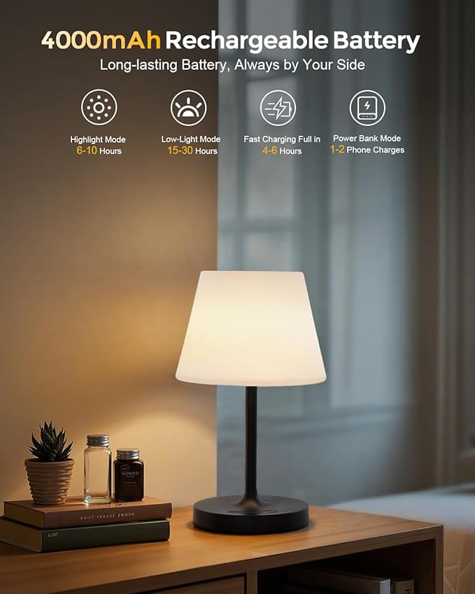 Outdoor Battery Operated Table Lamp, IP54 Waterproof Shower Lamp, 4000mAh Rechargeable Cordless Lamp, 3 Color Temperatures Dimmable, Small Touch Table Lamp for Bedroom, Patio, Camping, Restaurant