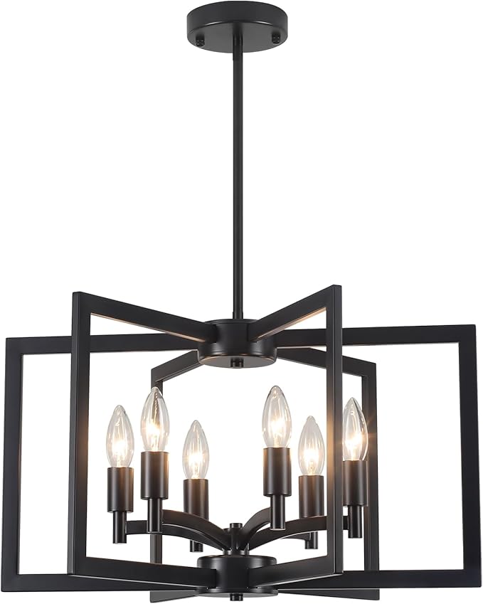 Modern Farmhouse Chandeliers Dining Room Light Fixtures, 6-Light Kitchen Island Lighting,Industrial Metal Black Geometric Chandelier for Stairway Foyer Living Room, UL-Listed