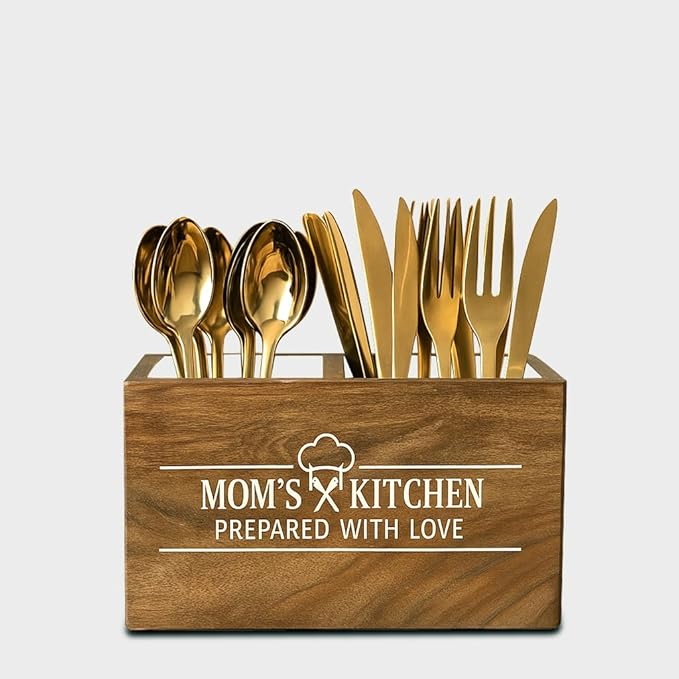 Wooden Utensil Holder For Countertop - Durable Cooking Utensils Holder - large Rustic Countertop Kitchen Décor - Spatula Utensils And Spoons Organizer With Divider