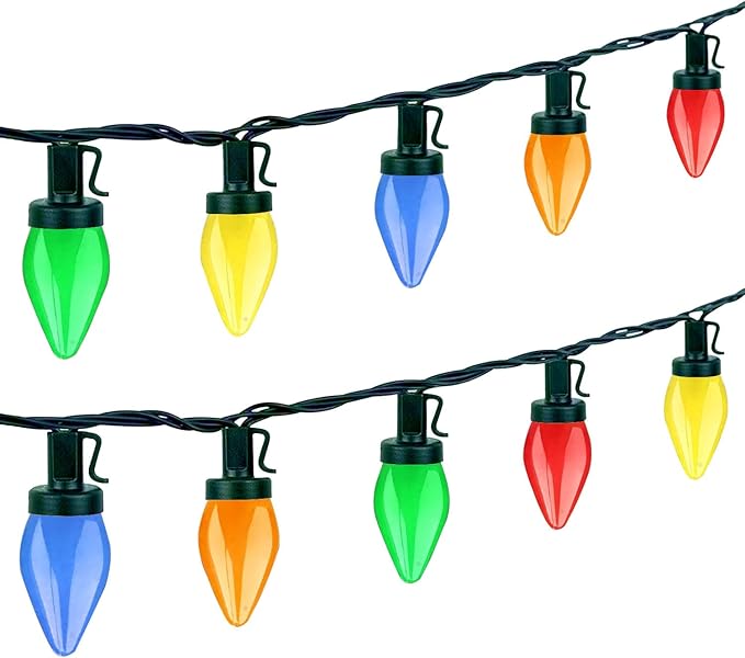 Couah C7 Christmas LED String Lights - 26Ft LED Vintage Multicolor Lights with 50 LED Colorful Bulbs, Outdoor String Lights for Christmas Party Backyard Wedding- Green Wire
