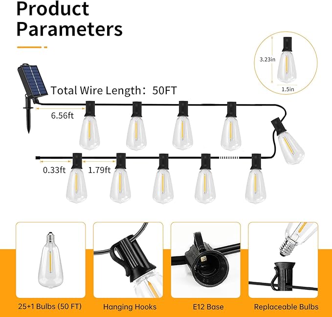 Solar String Lights Outdoor Waterproof, 50FT Solar Powered Outdoor Lights with Remote, 26 Shatterproof with Edison Bulbs, LED String SolarLights for Garden, Backyard, Parties