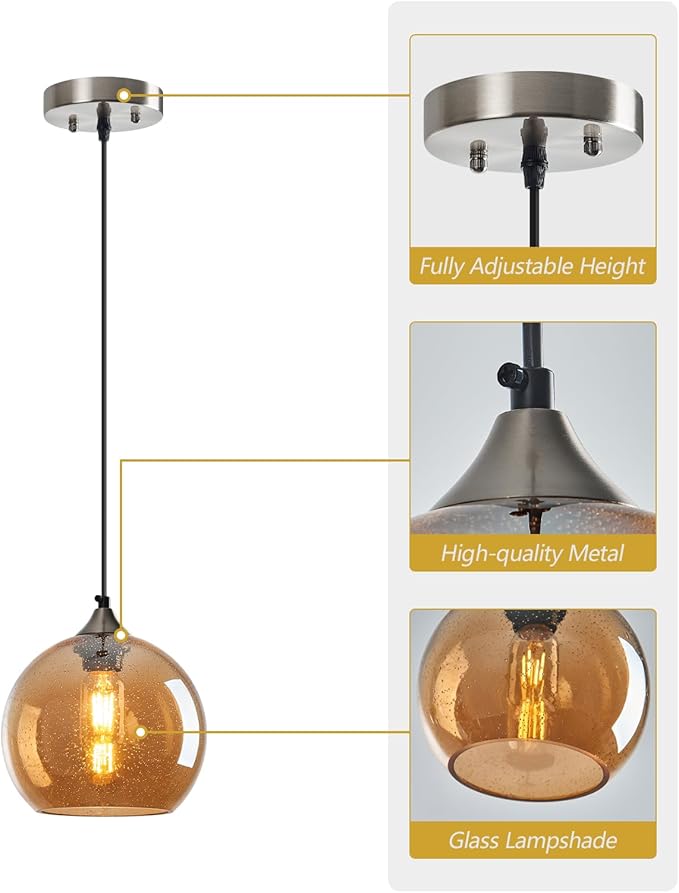 Amber Glass Pendant Lights Kitchen Island Lighting Globe Pendant Light Fixtures Modern Pendant Lighting for Bedroom Living Dining Room Light Fixture (7.87 in, 1 Pack)