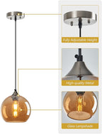 Amber Glass Pendant Lights Kitchen Island Lighting Globe Pendant Light Fixtures Modern Pendant Lighting for Bedroom Living Dining Room Light Fixture (7.87 in, 3 Pack)