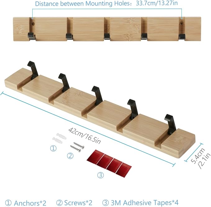 JSVER Wooden Coat Hooks Coat Rack Wall Mount, Space-Saving Coat Rack with 5 Standard Retractable Hooks, Hat Coat Hook for Entryway, Hallway, Bathroom, Living Room, Bedroom