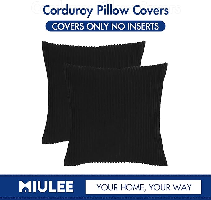 MIULEE Winter Pack of 2 Corduroy Soft Soild Decorative Square Throw Pillow Covers Cushion Cases Pillow Cases for Couch Sofa Bedroom Car 18 x 18 Inch 45 x 45 cm Black