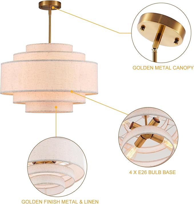 Modern 19.7" Drum Chandelier 4-Lights Vintage Modern Chandelier Light Fixture with Linen Shade Retro Farmhouse Drum Chandeliers for Dining Room, Kitchen Island, Living Room, Bedroom