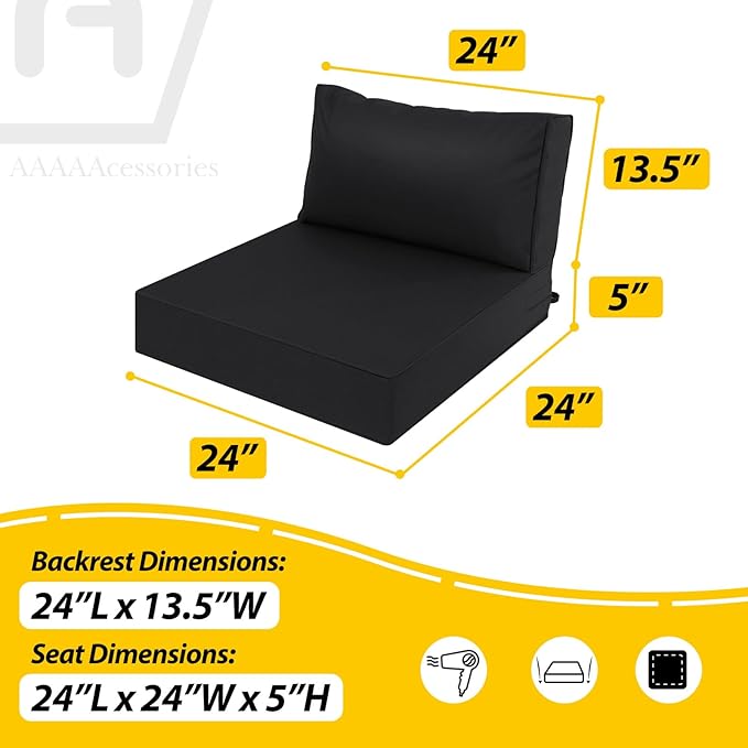 AAAAAcessories Outdoor Deep Seat Cushions, Waterproof, Fade-Resistant Patio Furniture Replacement Cushions, 24" x 24" x 5" + 24" x 13.5", Black