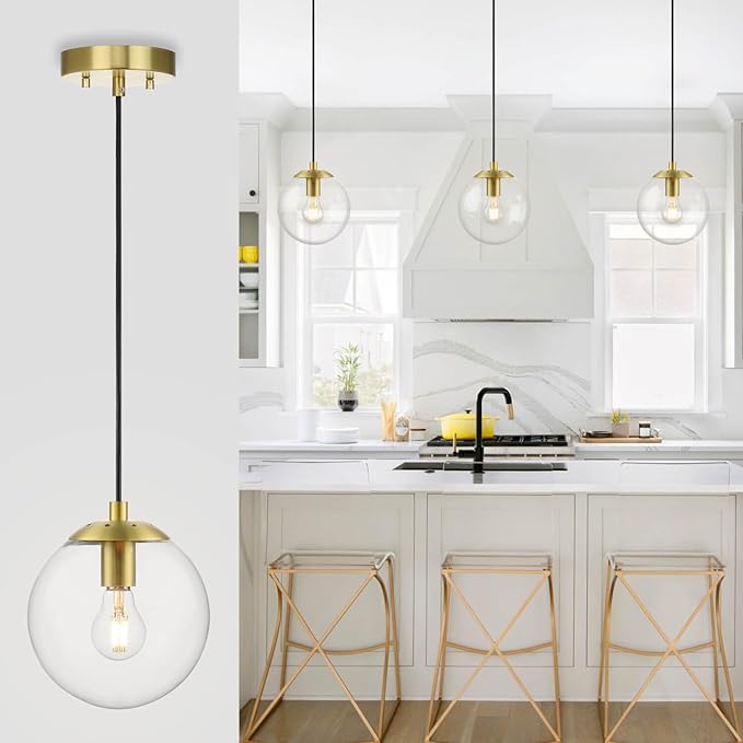 XiNBEi Lighting Globe Pendant Light, Mid Century Modern Kitchen Pendant Lighting Over Island with Clear Glass Brass Light Fixture for Sink Entryway Bedroom XB-P1259-SB