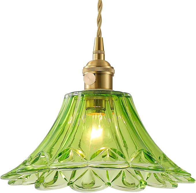 Vintage Glass Pendant Light，Green Flower Ceiling Pendant Light，Gold Adjustable Hanging Wire for Kitchen Island Dining Room Bedroom Hallway (9Inch - Green(B))