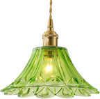 Vintage Glass Pendant Light，Green Flower Ceiling Pendant Light，Gold Adjustable Hanging Wire for Kitchen Island Dining Room Bedroom Hallway (9Inch - Green(B))