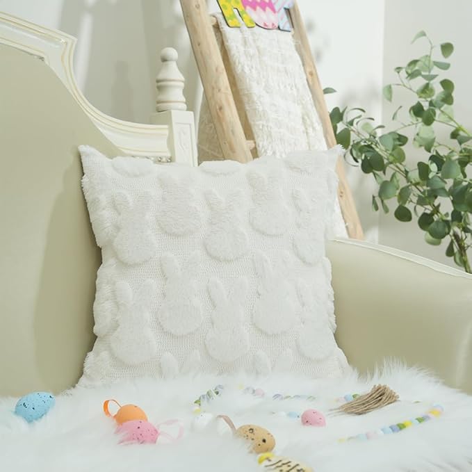 GEEORY Easter Bunny Soft Plush Pillow Covers, 20 x 20 Inch Set of 2, Fluffy Faux Fur Wool Decorative Farmhouse Cushion Case for Sofa Home Decoration Cream GC013-20