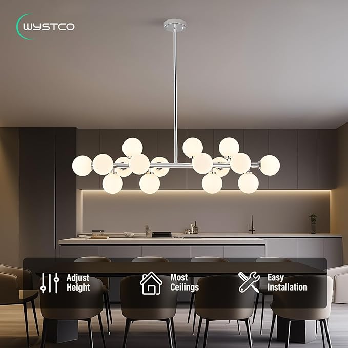 16-Light Globe Sputnik Chandelier, Mid Century Modern Light Fixture Over Table, Chrome Silver Linear Chandeliers for Dining Room and Kitchen Island (Milk White Glass Bubble Shades, 40 Inch)