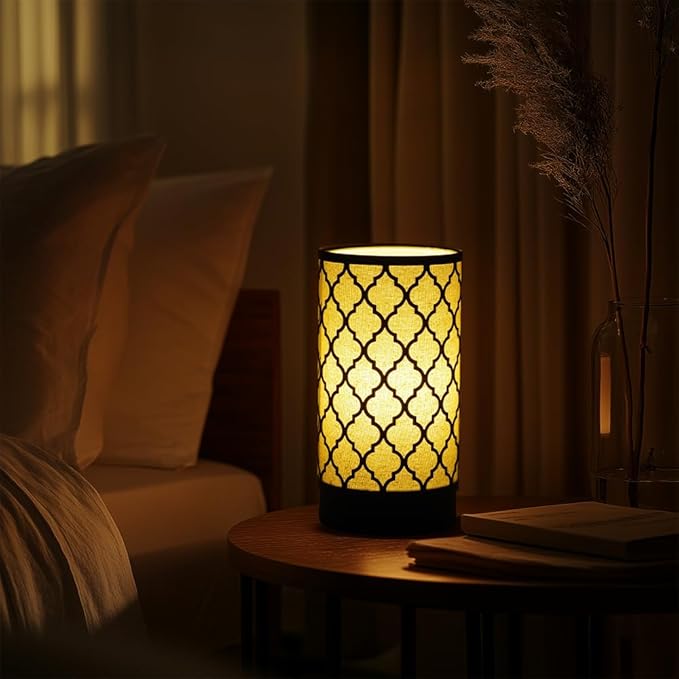 Cerdeco Small Table Lamp with Two-Tier Linen Shade and Black Metal Floral Cut-Out Pattern,Bedside Lamp,Easy Intallation,E26 Socket Lamp(Bulb is not Included), Desk Lamp for Bedroom,Living Room,Home