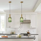 KCO Lighting Green Ribbed Glass Pendant Light Kitchen Island Small Antique Brass Ceiling Pendant Light Mid Century Modern Dining Room Hanging Light Fixture Gold Globe Pendant Lighting