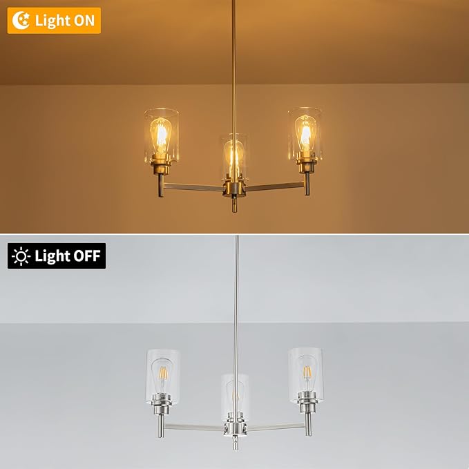 Brushed Nickel Chandeliers for Dining Room Farmhouse Chandelier Fixture with Clear Glass Shades 3 Light Kitchen Island Lighting Pendant Light Fixture for Dining Room Living Room Bedroom