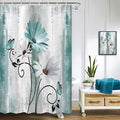 Rustic Farmhouse Shower Curtain, Farm Teal Daisy Floral Flowers and Butterfly on Country Wooden Shower Curtain for Bathroom, Turquoise Blue with 12PCS Hooks, 48X70IN