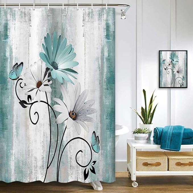 Rustic Farmhouse Shower Curtain, Farm Teal Daisy Floral Flowers and Butterfly on Country Wooden Shower Curtain for Bathroom, Turquoise Blue with 12PCS Hooks, 48X70IN