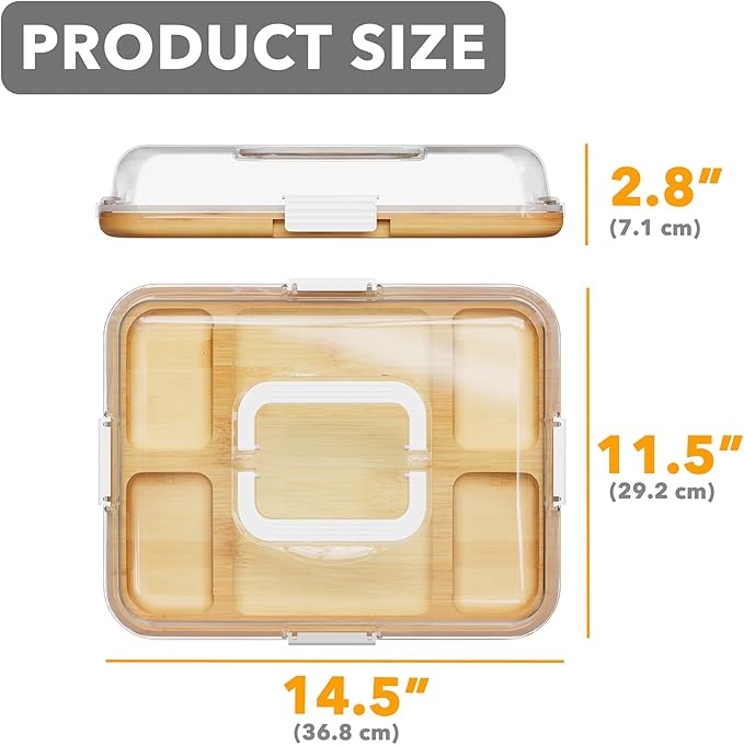 SpaceAid Charcuterie Board with Clear Lid, Portable Travel Cheese Cutting Boards for Picnic Accessories, Bamboo Serving Tray with Lids, House Warming Gifts, White Handles, 5 Compartments