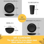 Teivio 16-Piece Kitchen Plastic Wheat Straw Dinnerware Set, Service for 4, Dinner Plates, Dessert Plate, Cereal Bowls, Cups, Unbreakable Plastic Outdoor Camping Dishes, Black Matte