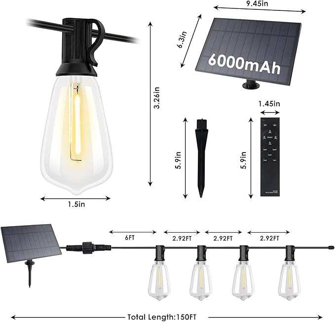 VUAA 150FT Solar Outdoor String Lights Waterproof, Solar Powered Patio Lights with 52 Shatterproof ST38 Edison Bulbs & Remote Control,LED Dimmable Solar String Lights for Outside