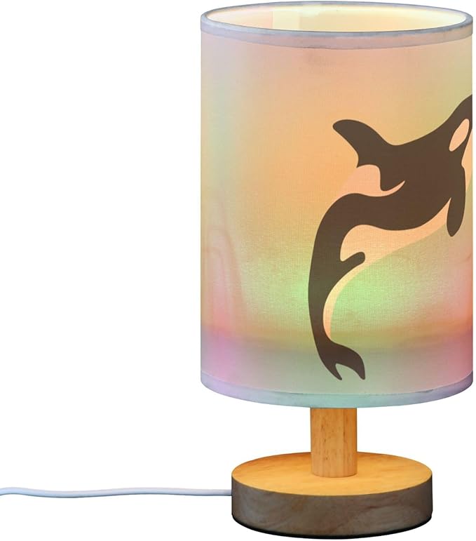 Table Lamp Killer Whale in Swimming Pool Orca Swim in Water on Pastel Color Nightstand Lamp with Wood Base Fabric Lamp Shade Bedside Desk Lamp for Living Room Bedroom Kids Room Office