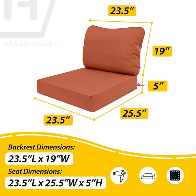 AAAAAcessories Outdoor Deep Seat Cushions, Waterproof, Fade-Resistant Patio Furniture Replacement Cushions, 23.5" x 25.5" x 5" + 23.5" x 19", Set of 2, Rust