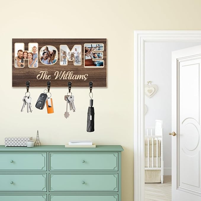 Personalized Family Photo Key Holder Custom Photos Wall Mount Wooden Key Hanger with Family Name Keychain Organizer Hanger for Wall Entryway Home Decor Housewarming Gifts for Birthday,04