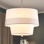 Shrine Lighting Double Drum Chandelier, Modern Drum Pendnat Light for Dining Room, D15.7'' x H11'', Adjustable 47'', E12*4 Sockets, White Fabric Lampshade & French Gold Finish Frame