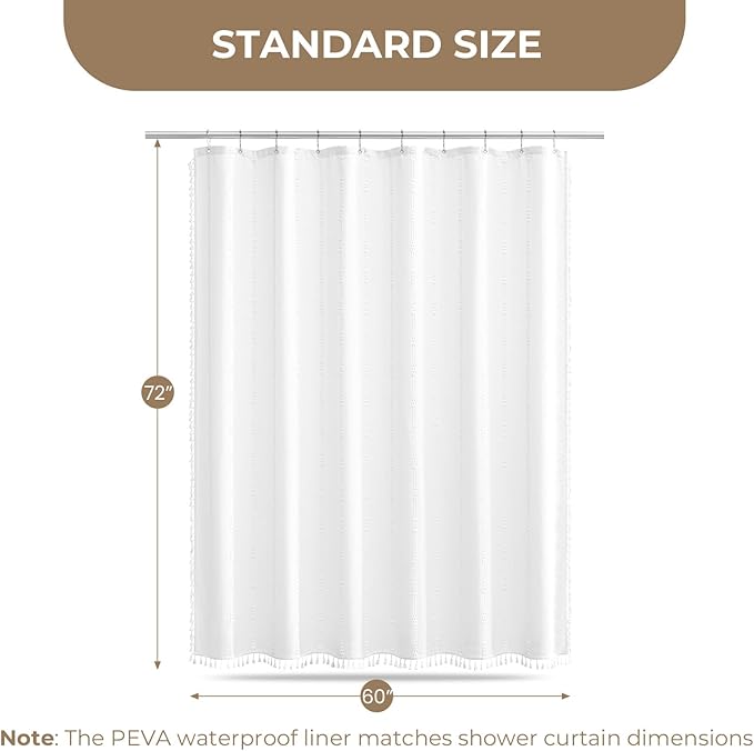downluxe Linen Texture 3 in 1 Farmhouse Shower Curtain Set with Tassel, Boho Fabric Shower Curtains for Bathroom, White, 60W x 72L