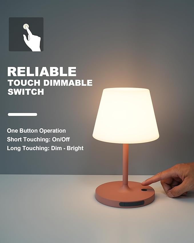 Outdoor Battery Operated Table Lamp Waterproof, 4000mAh Cordless Table Lamp Rechargeable, Touch Dimmable Desk Lamp, LED Night Light for Patio Camping Restaurant Home, H9.6in, Pink