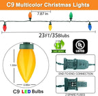 C9 Christmas LED String Lights, 23 Ft LED Vintage Multicolor Lights with 35 LED C9 Colorful Light Bulbs, Outdoor String Lights for Christmas Party Backyard Wedding- Green Wire