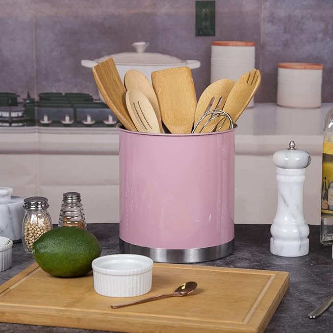 Creative Home Stainless Steel Utensil Holder– 7" Extra Large Cooking Tool Organizer for Kitchen Decor and Countertop Storage, Stable Anti-Tip Design, Durable Powder-Coated Finish, Pink