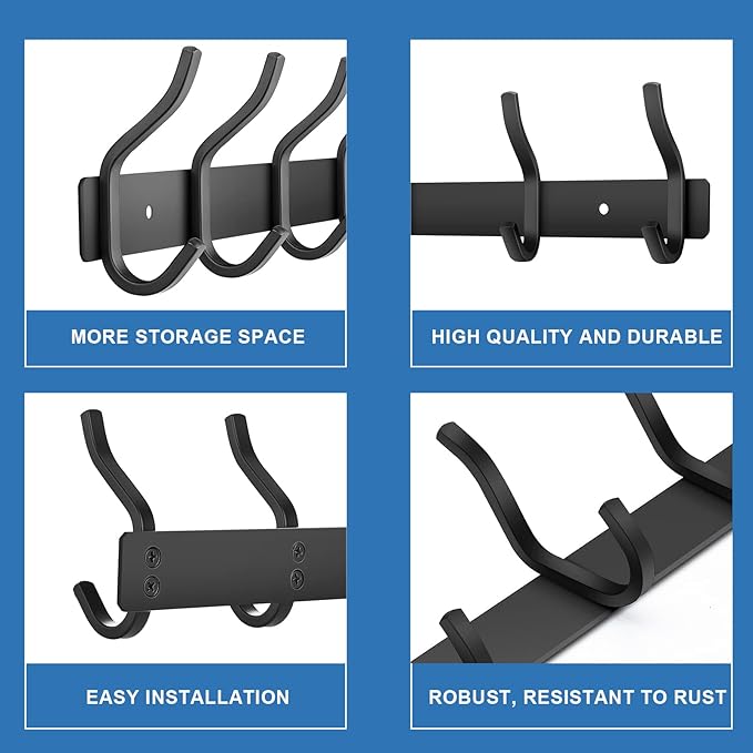 Wall Hooks Heavy Duty, 12 Inch Coat Rack Wall Mount with 4 Hooks, Black Wall Hooks for Entryway, Bathroom - for Hanging Backpack, Bag, Coat, Purse, Hat, Towel, Clothes,2 Packs