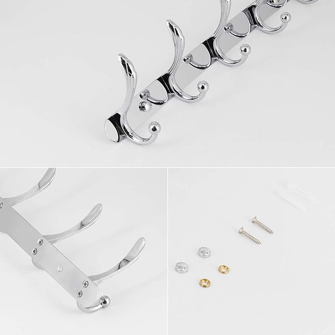 Wall Mounted Coat Rack - 5 Tri Hooks, Heavy Duty, Metal Coat Hook Rail for Coat Hat Towel Purse Robes Mudroom Bathroom Entryway (Chrome)