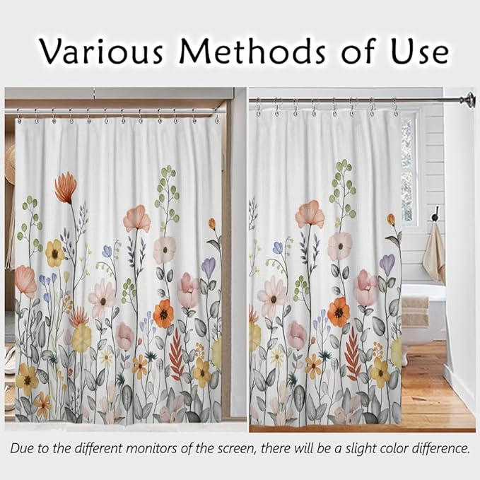 Flower Waffle Shower Curtain Leaves Fabric Bath Curtain, Floral Plants Long Shower Curtains for Bathroom Natural Curtain Waterproof with Hooks for Kids Bathroom Home Hotel Decor 72x72 inch